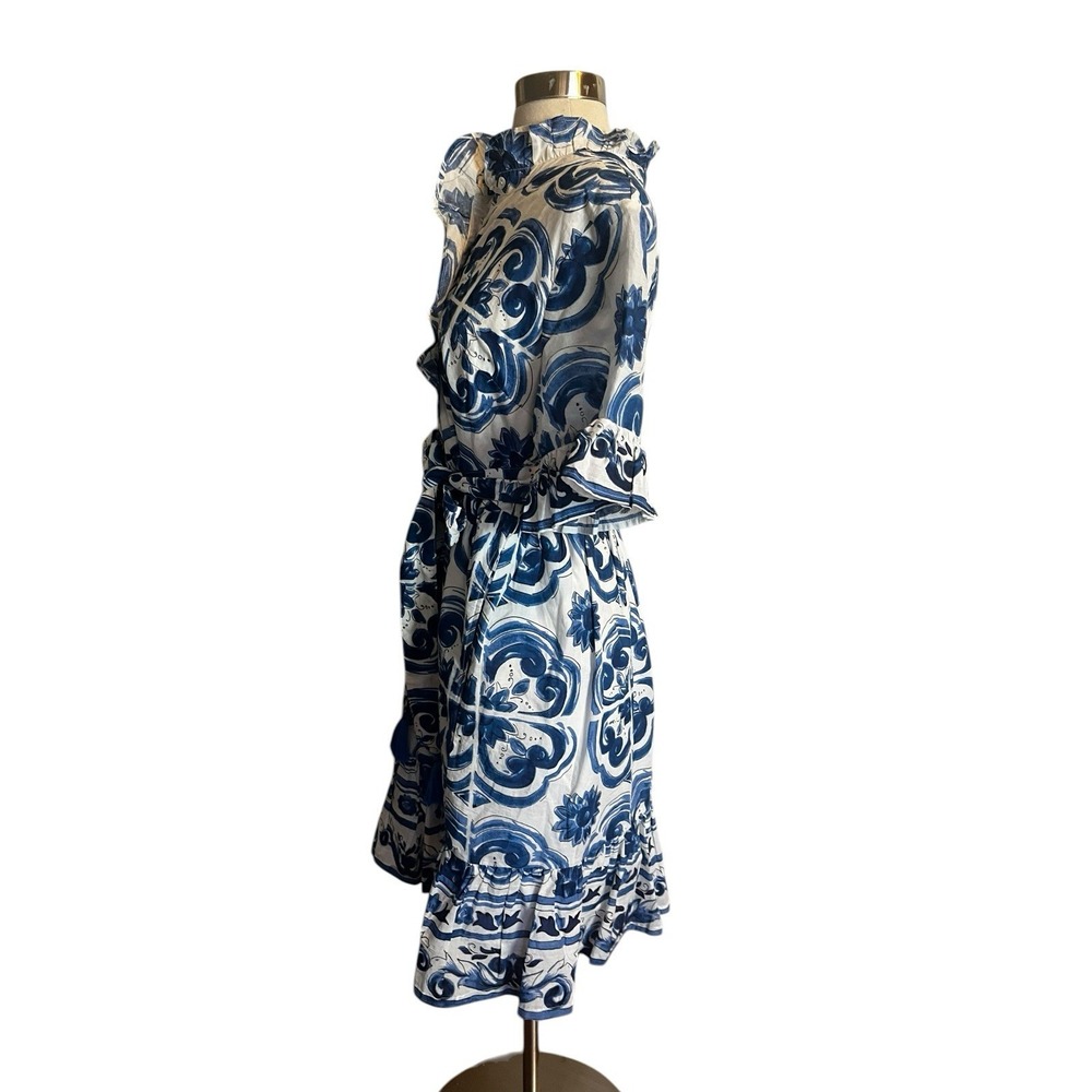 Uncle Frank Tile Pattern Dress Size Small Blue White Ruffle Collar Belted - Picture 2 of 10